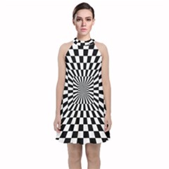 Optical-illusion-chessboard-tunnel Velvet Halter Neckline Dress 