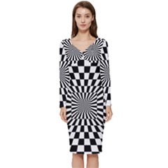 Optical-illusion-chessboard-tunnel Long Sleeve V-neck Bodycon Dress  by Bedest