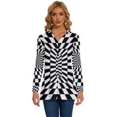 Optical-illusion-chessboard-tunnel Long Sleeve Drawstring Hooded Top by Bedest