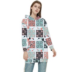 Mint Black Coral Heart Paisley Women s Long Oversized Pullover Hoodie