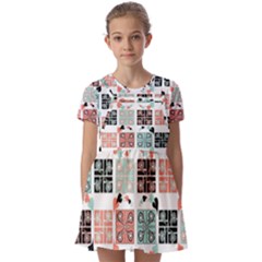 Mint Black Coral Heart Paisley Kids  Short Sleeve Pinafore Style Dress by Bedest