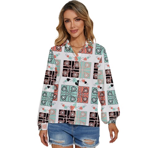 Mint Black Coral Heart Paisley Women s Long Sleeve Button Up Shirt by Bedest