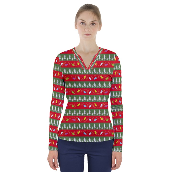 Christmas-papers-red-and-green V-Neck Long Sleeve Top