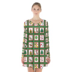 Christmas Paper Christmas Pattern Long Sleeve Velvet V-neck Dress