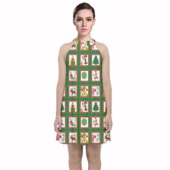 Christmas Paper Christmas Pattern Velvet Halter Neckline Dress 