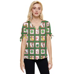 Christmas Paper Christmas Pattern Bow Sleeve Button Up Top by Bedest