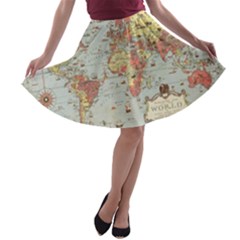 Vintage Old Antique World Map A-line Skater Skirt by Bedest