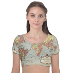 Vintage Old Antique World Map Velvet Short Sleeve Crop Top  by Bedest