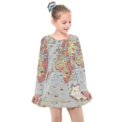 Vintage Old Antique World Map Kids  Long Sleeve Dress by Bedest