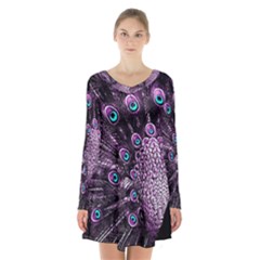 Purple Peacock Long Sleeve Velvet V-neck Dress