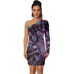 Purple Peacock Long Sleeve One Shoulder Mini Dress by Bedest