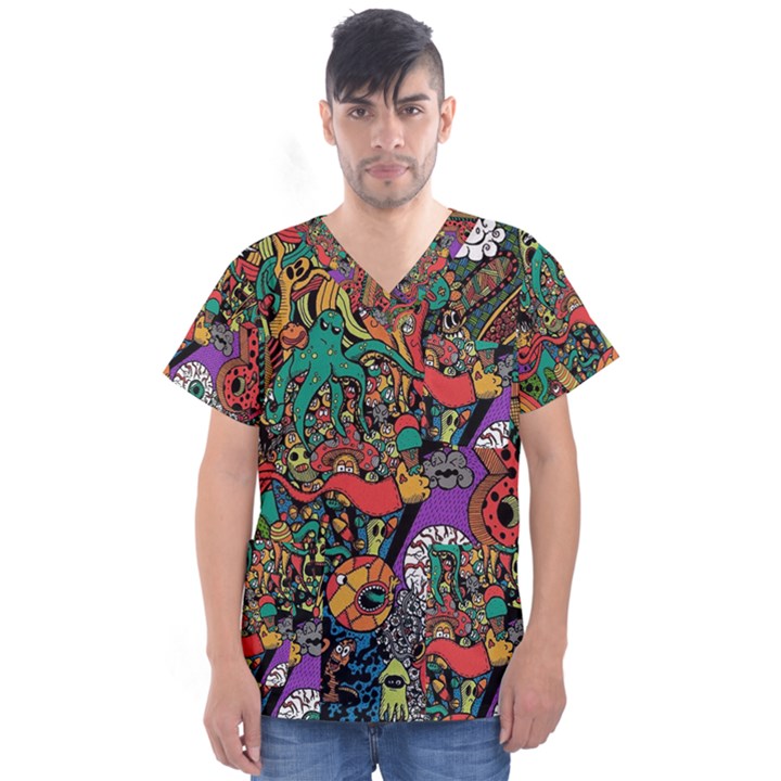 Cute Cartoon Doodle Men s V-Neck Scrub Top