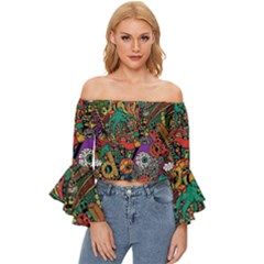 Cute Cartoon Doodle Off Shoulder Flutter Bell Sleeve Top