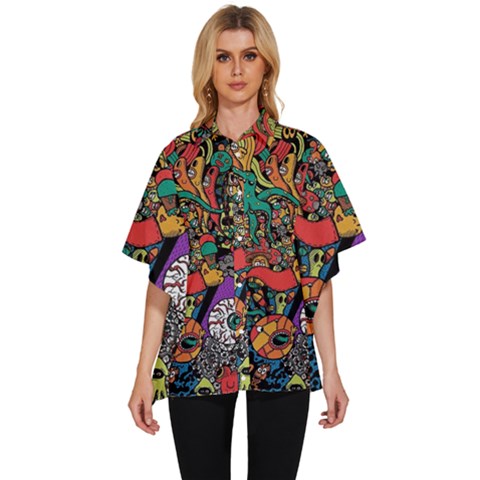 Cute Cartoon Doodle Women s Batwing Button Up Shirt by Bedest