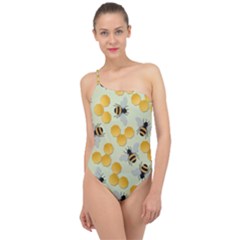 Bees Pattern Honey Bee Bug Honeycomb Honey Beehive Classic One Shoulder Swimsuit by Bedest