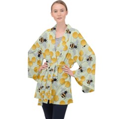 Bees Pattern Honey Bee Bug Honeycomb Honey Beehive Long Sleeve Velvet Kimono  by Bedest