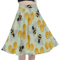 Bees Pattern Honey Bee Bug Honeycomb Honey Beehive A-line Full Circle Midi Skirt With Pocket by Bedest