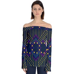 Line Square Pattern Violet Blue Yellow Design Off Shoulder Long Sleeve Top by Ravend