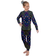 Line Square Pattern Violet Blue Yellow Design Kids  Long Sleeve Set 