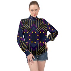 Line Square Pattern Violet Blue Yellow Design High Neck Long Sleeve Chiffon Top by Ravend