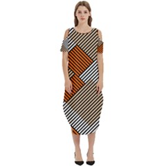 Abstract Pattern Line Art Design Decoration Cold Shoulder Loose Fit Dress With Pockets