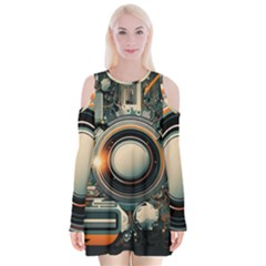 Technology Robot Internet Processor Velvet Long Sleeve Shoulder Cutout Dress