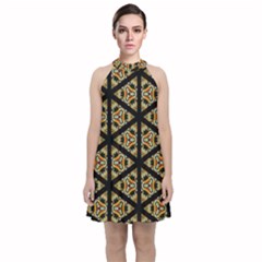 Pattern Stained Glass Triangles Velvet Halter Neckline Dress 