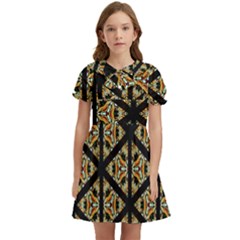 Pattern Stained Glass Triangles Kids  Bow Tie Puff Sleeve Dress