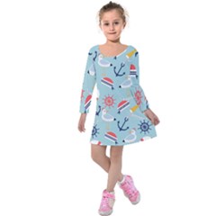 Nautical Marine Symbols Seamless Pattern Kids  Long Sleeve Velvet Dress