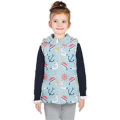 Nautical Marine Symbols Seamless Pattern Kids  Hooded Puffer Vest