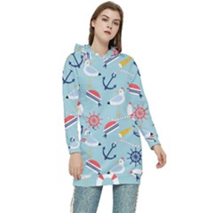 Nautical Marine Symbols Seamless Pattern Women s Long Oversized Pullover Hoodie