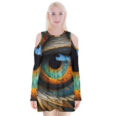 Eye Bird Feathers Vibrant Velvet Long Sleeve Shoulder Cutout Dress