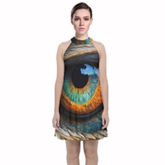 Eye Bird Feathers Vibrant Velvet Halter Neckline Dress 