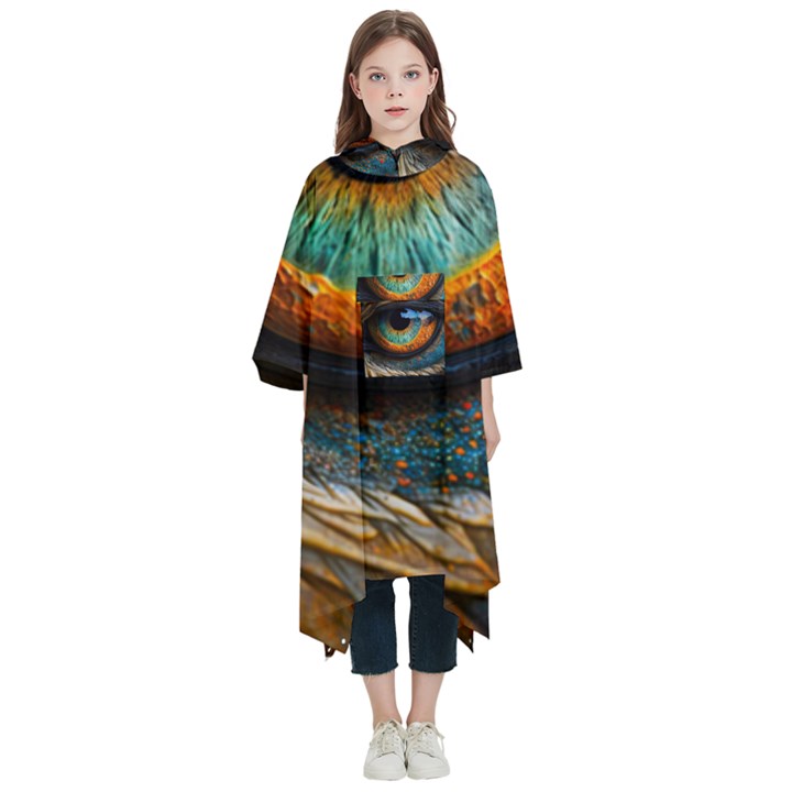 Eye Bird Feathers Vibrant Kids  Hooded Rain Ponchos