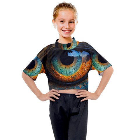 Eye Bird Feathers Vibrant Kids Mock Neck T-shirt by Hannah976