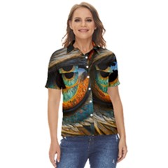 Eye Bird Feathers Vibrant Women s Short Sleeve Double Pocket Shirt