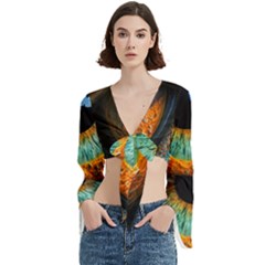 Eye Bird Feathers Vibrant Trumpet Sleeve Cropped Top