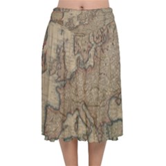 Old Vintage Classic Map Of Europe Velvet Flared Midi Skirt