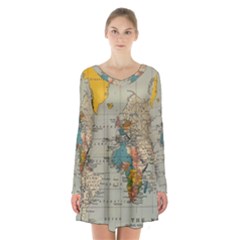 Vintage World Map Long Sleeve Velvet V-neck Dress