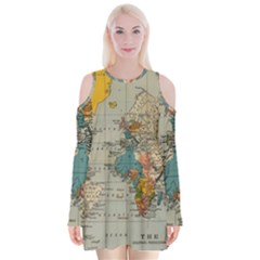 Vintage World Map Velvet Long Sleeve Shoulder Cutout Dress