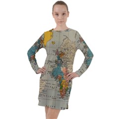 Vintage World Map Long Sleeve Hoodie Dress