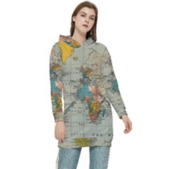 Vintage World Map Women s Long Oversized Pullover Hoodie