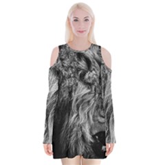 Angry Male Lion Wild Animal Velvet Long Sleeve Shoulder Cutout Dress