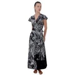 Angry Male Lion Wild Animal Flutter Sleeve Maxi Dress by Loisa77