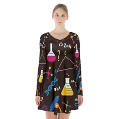 Science Lesson Flat Vector Seamless Pattern Long Sleeve Velvet V-neck Dress