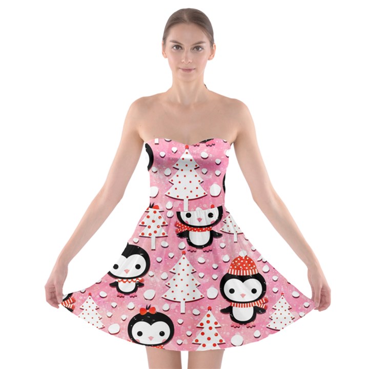 Cute Penguin Pattern Strapless Bra Top Dress