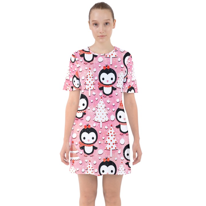 Cute Penguin Pattern Sixties Short Sleeve Mini Dress