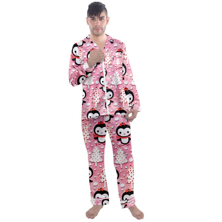 Cute Penguin Pattern Men s Long Sleeve Satin Pajamas Set