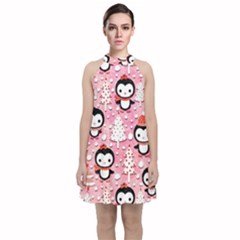 Cute Penguin Pattern Velvet Halter Neckline Dress 