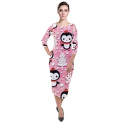 Cute Penguin Pattern Quarter Sleeve Midi Velour Bodycon Dress by Loisa77